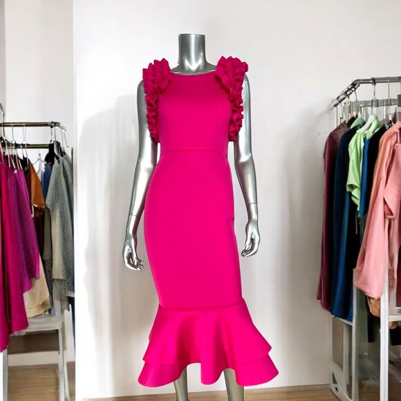 Sleeveless Fuchsia Ruffle Bodycon Midi Dress With Mermaid Hem S - Picture 5 of 5